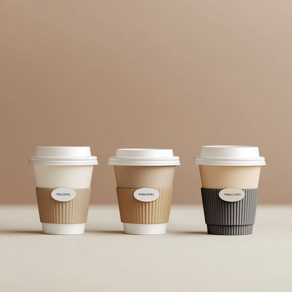 Basic, Standard, and Premium coffee cups on display.