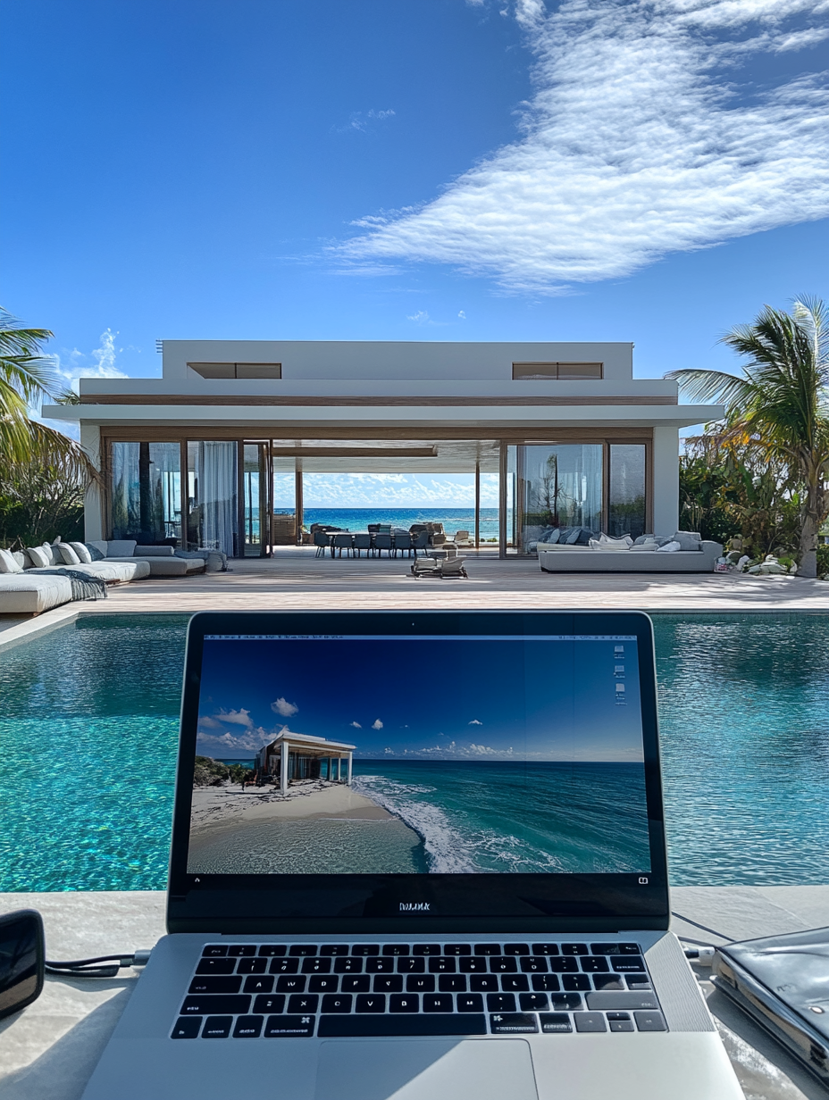 Basic 3DMax Rendering of Modern Beach House on Laptop Screen