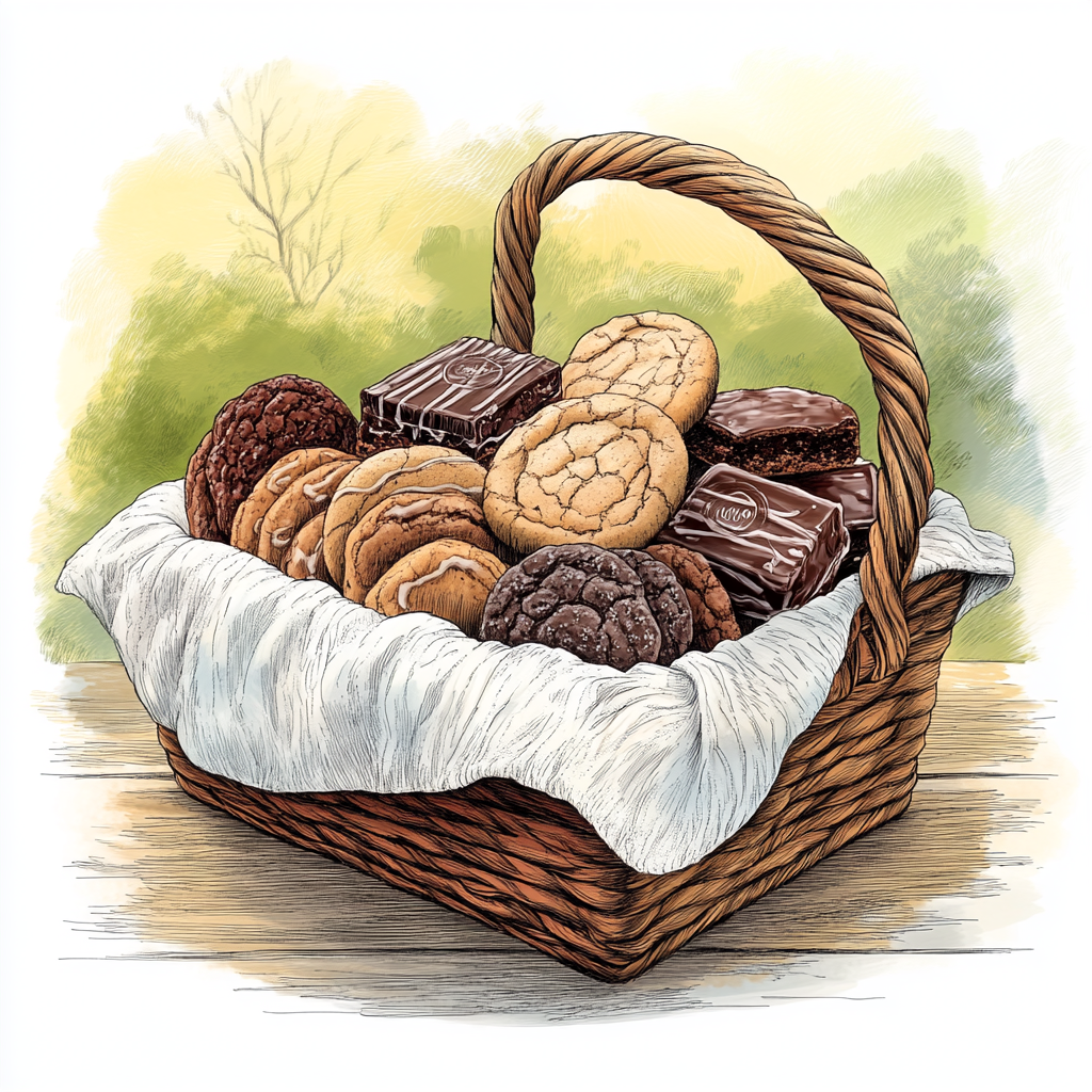 Basket filled with cookies and brownies on table