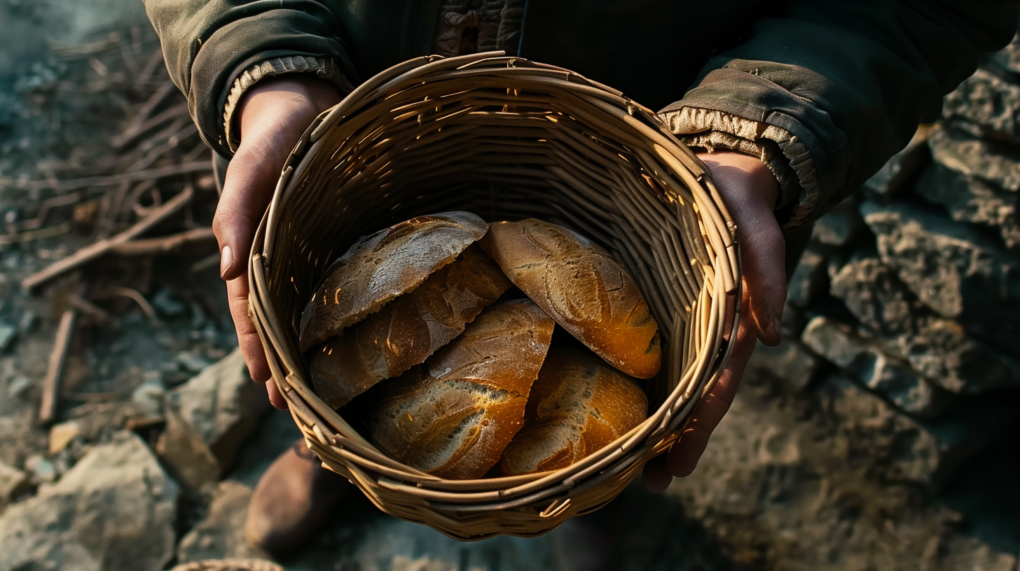 Basket with Bread and Fish hands cinematic lighting