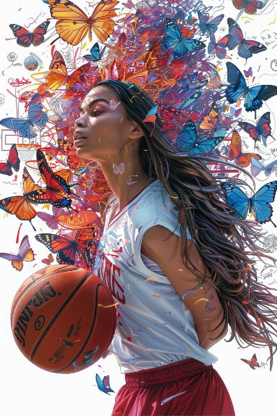 Basketball Exploding into Colorful Butterflies Artistic Transformation Concept