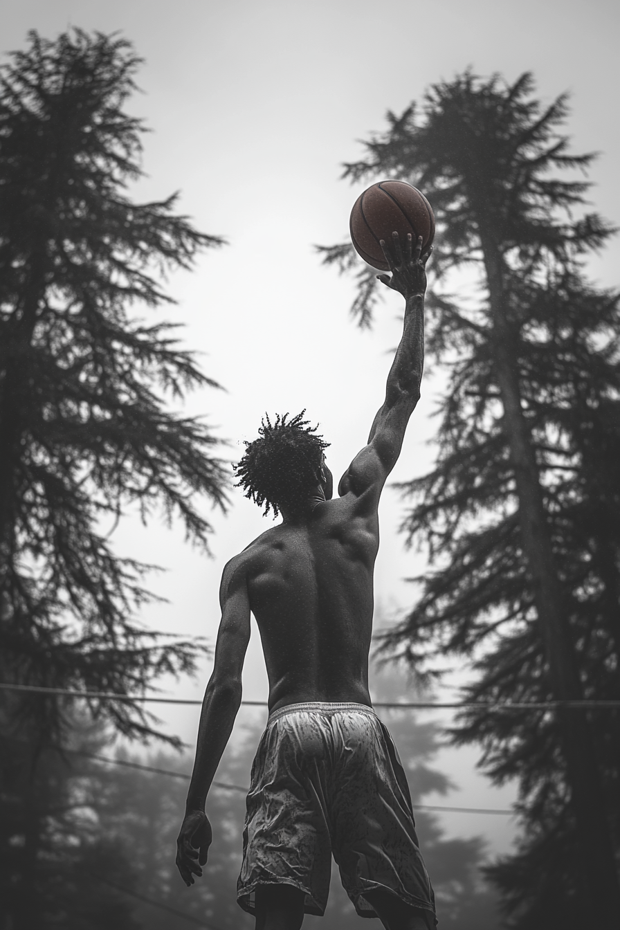 Basketball Player Mid-Jump Shot Amidst Tall Trees