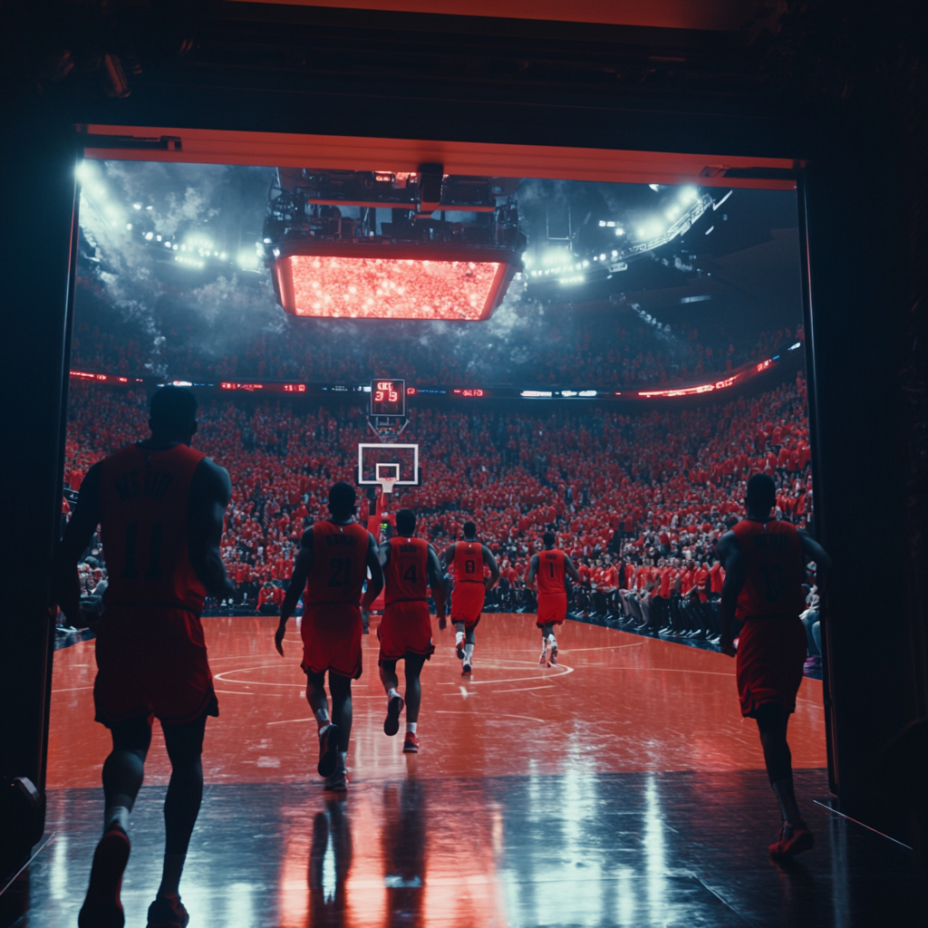 Basketball Players Entering Vibrant Red-Black Arena