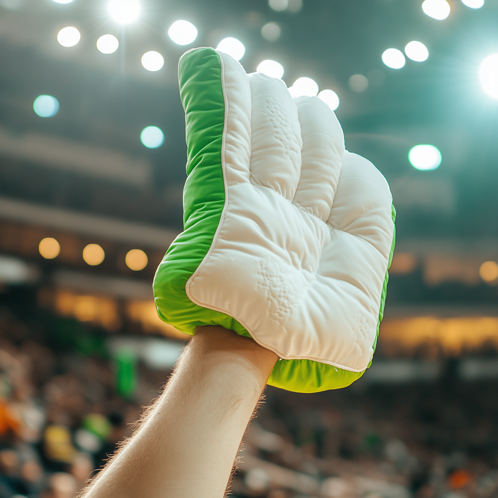 Basketball fan holding cushion glove at arena game.