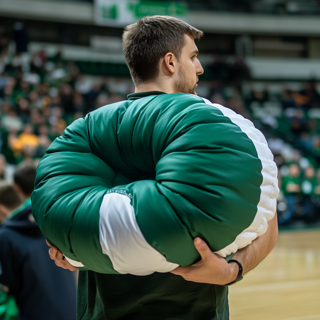 Basketball fan in arena holding cushion glove.