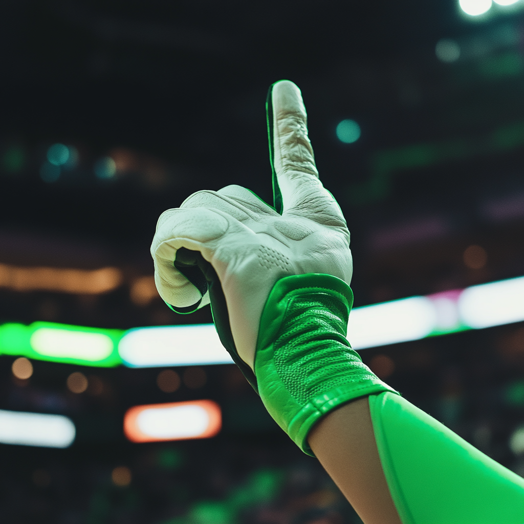 Basketball fan with big white and green glove.