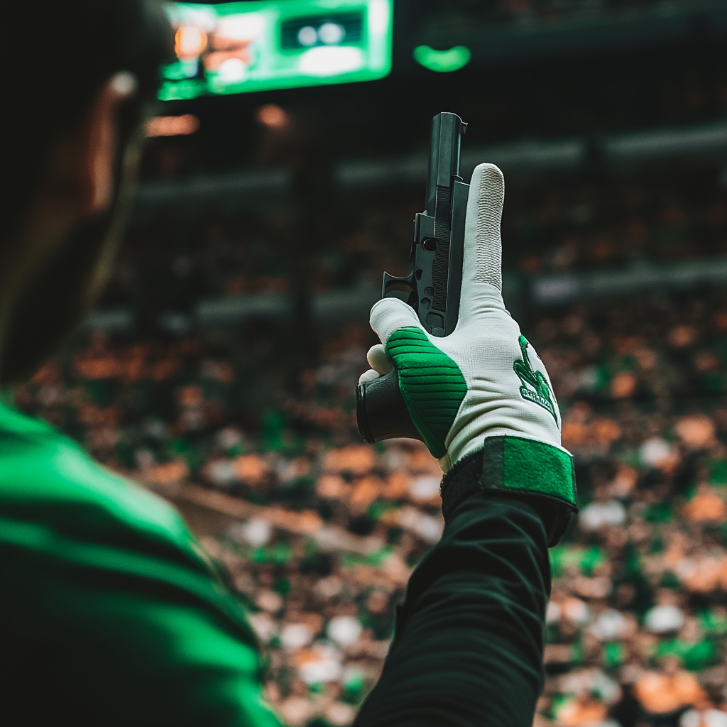 Basketball fan with giant finger gun in arena.