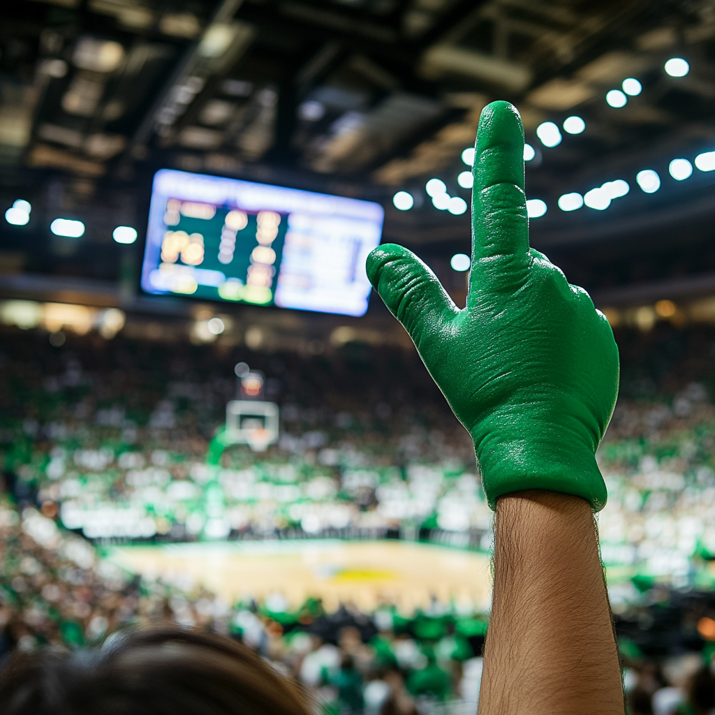 Basketball game, fan with giant foam finger mockup.