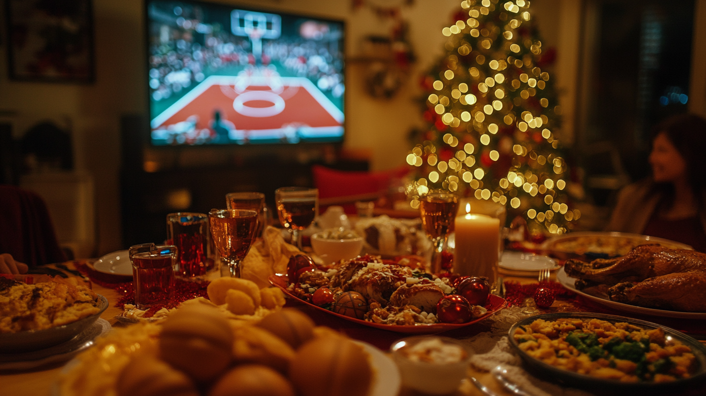 Basketball game on TV at festive dinner party scene.