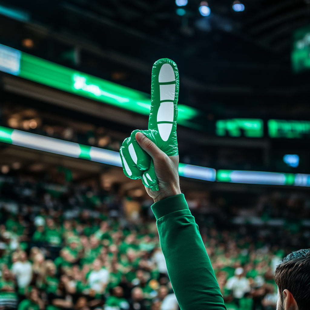 Basketball game with foam finger, high-resolution Canon shot.