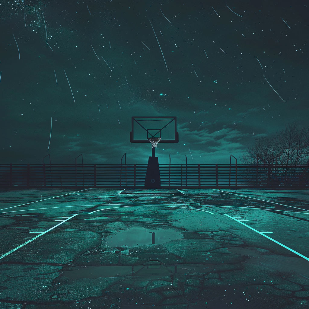 Basketball lines under teal night sky with motif