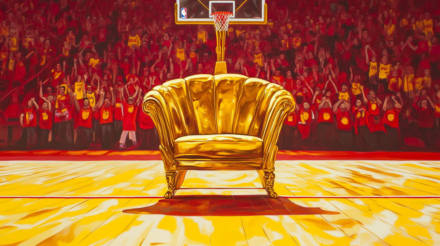 Basketball match with fans cheering, gold chair nearby