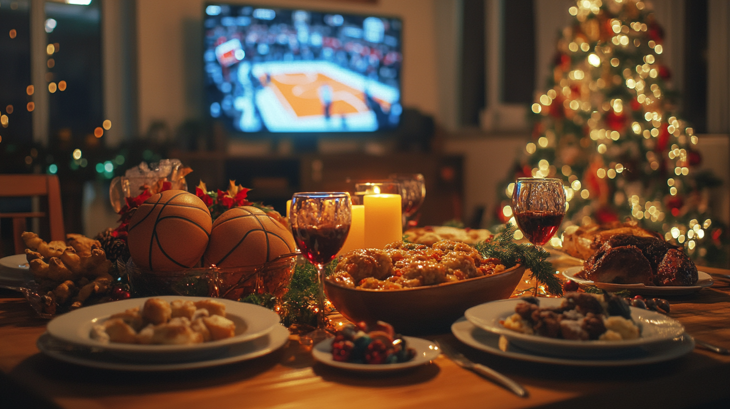 Basketball-themed festive dinner party with nostalgic cinematic vibe.