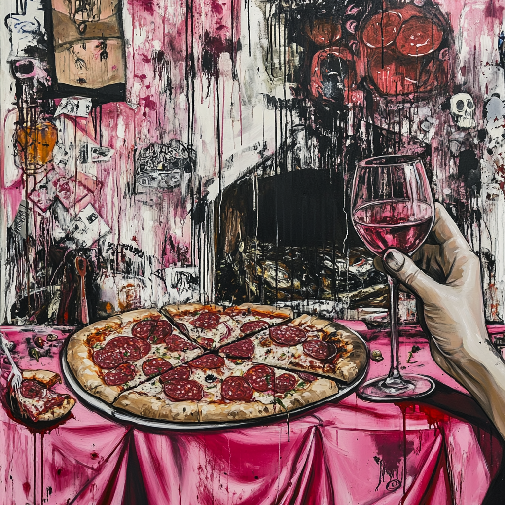 Basquiat style painting of table with draped cloth, pizza