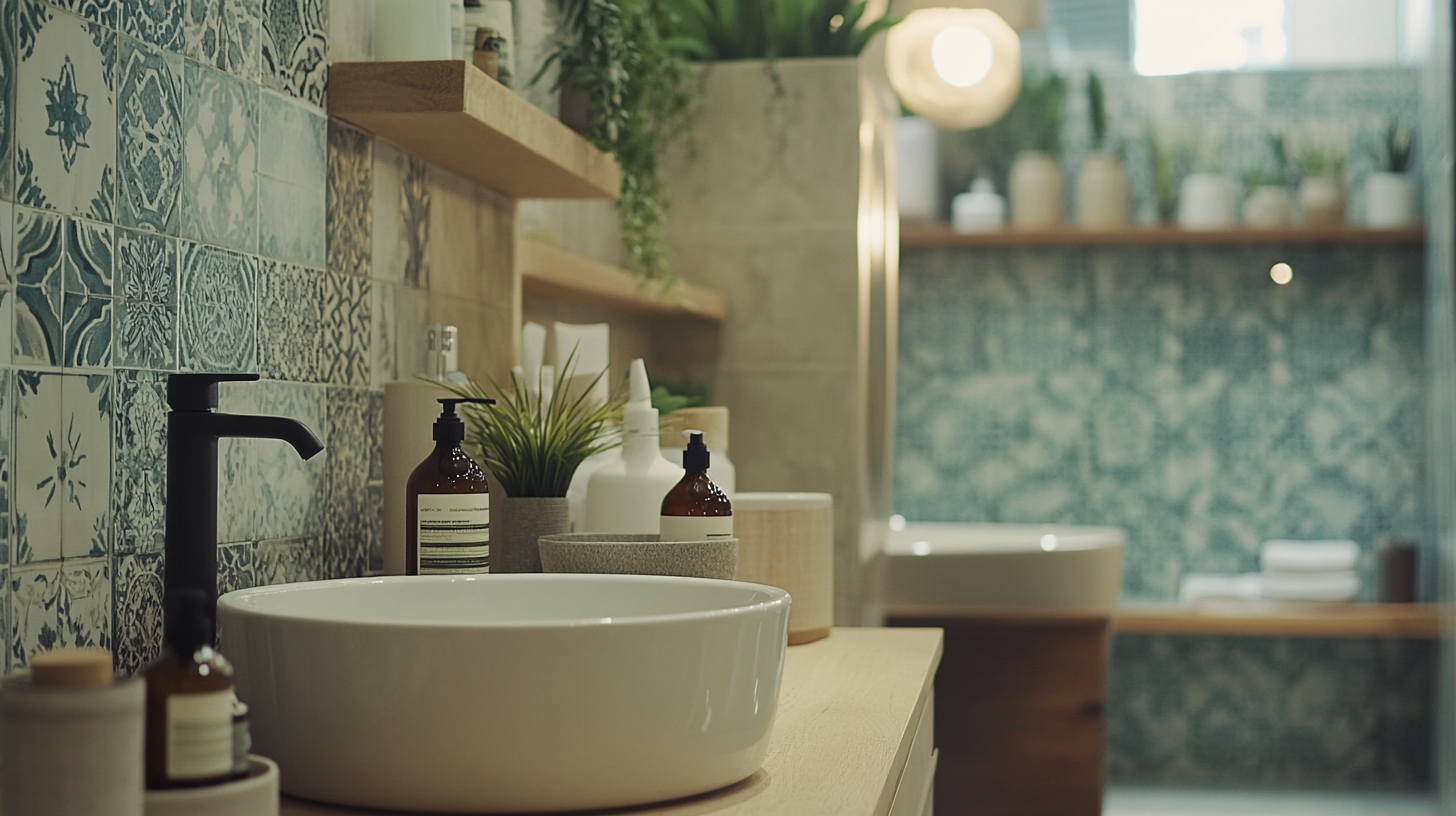 Bathroom showroom documentary featuring various tiles and ceramics.