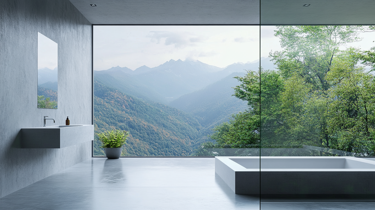 Bathroom view: mountains through modern glass window.