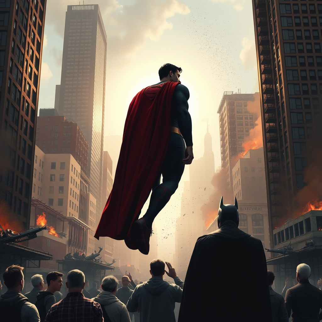 Batman Watches Radiant Superman Amidst Fiery Chaos