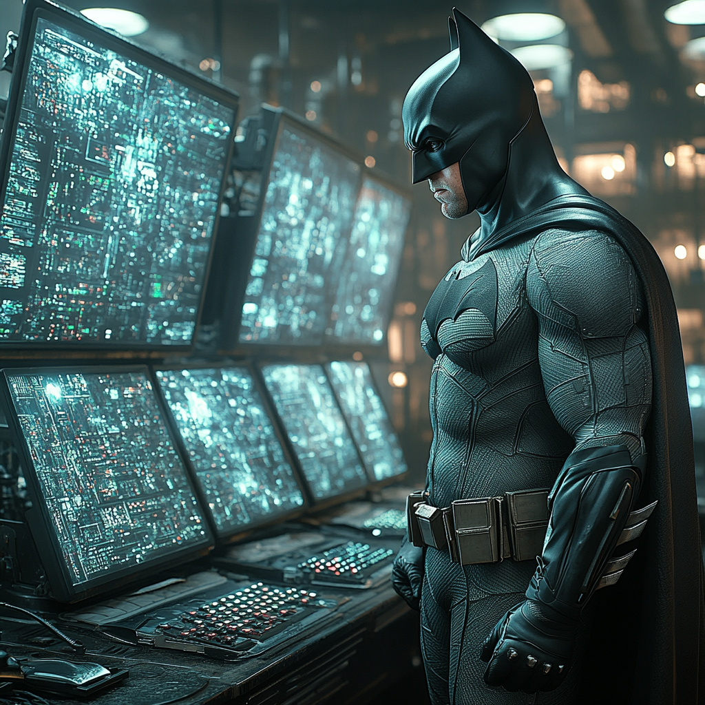 Batman analyzing Gotham chaos on Batcomputer with new suit.