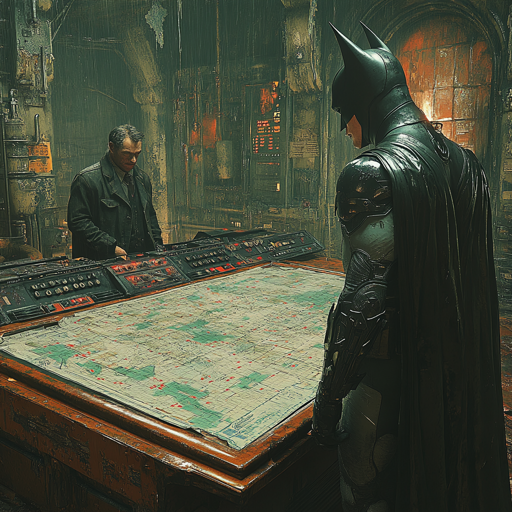 Batman and Alfred plan in dim hideout with gadgets.