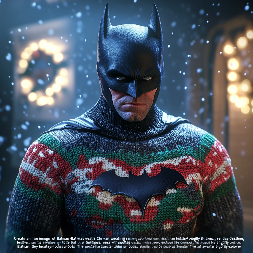 Batman in Colorful Christmas Sweater Standing in Snowy Scene