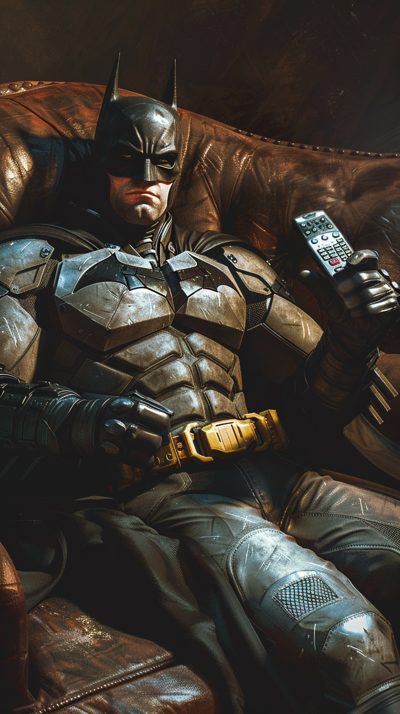 Batman lounging on sofa with TV remote in dim room