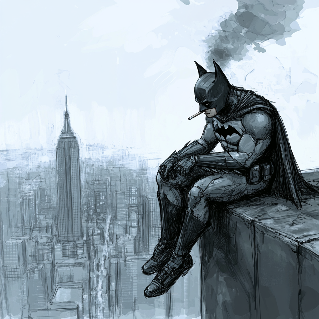 Batman sits on ledge overlooking skyline, tired, smoking.