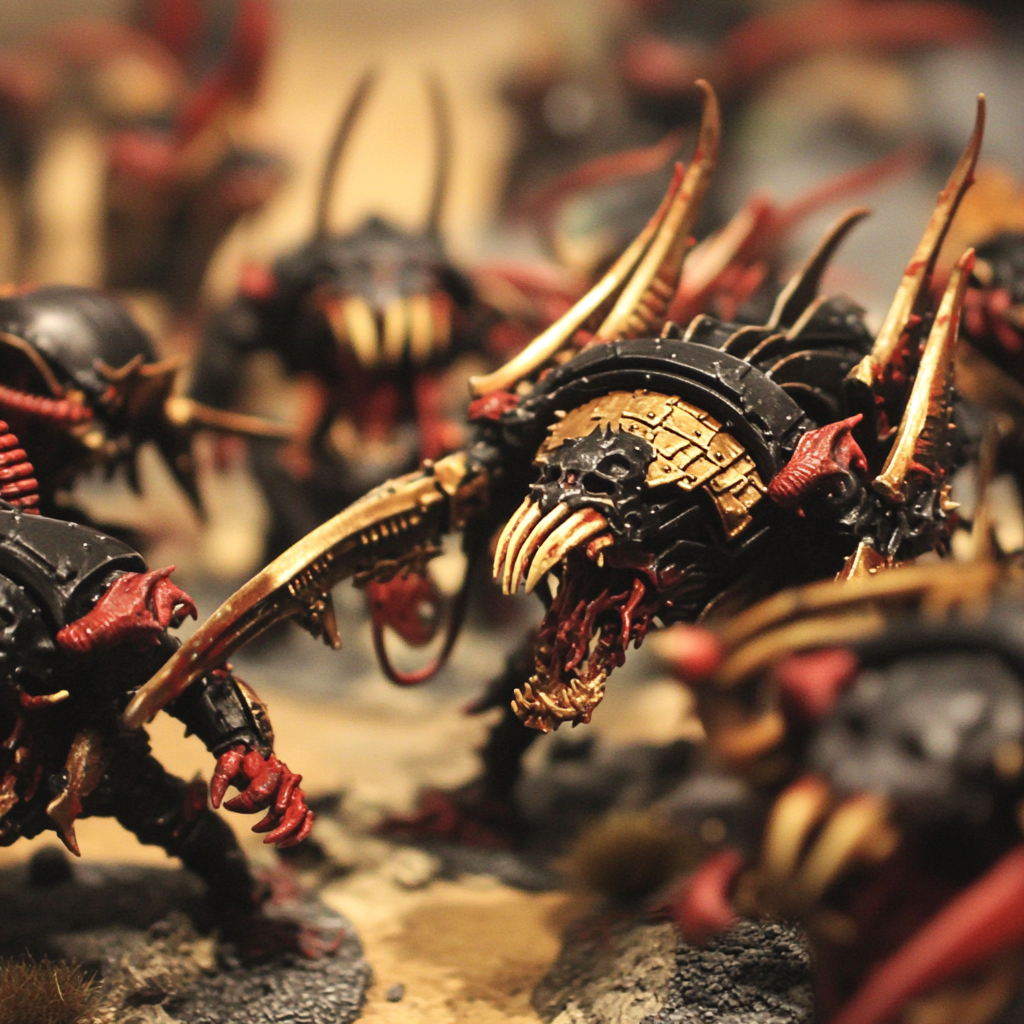 Battle between Votann space dwarves and Tyranids.