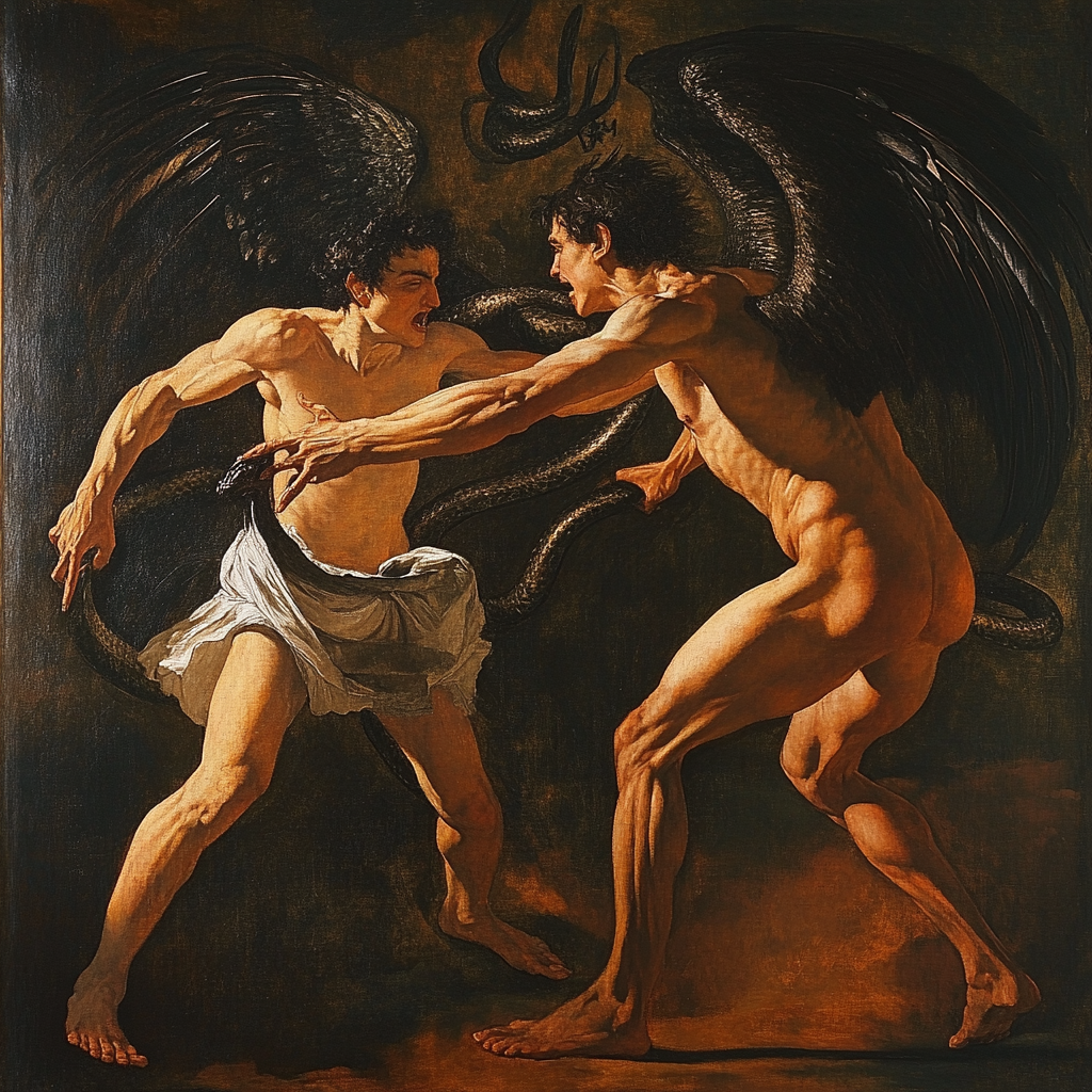 Battle between devil and angel in Caravaggio-style painting.