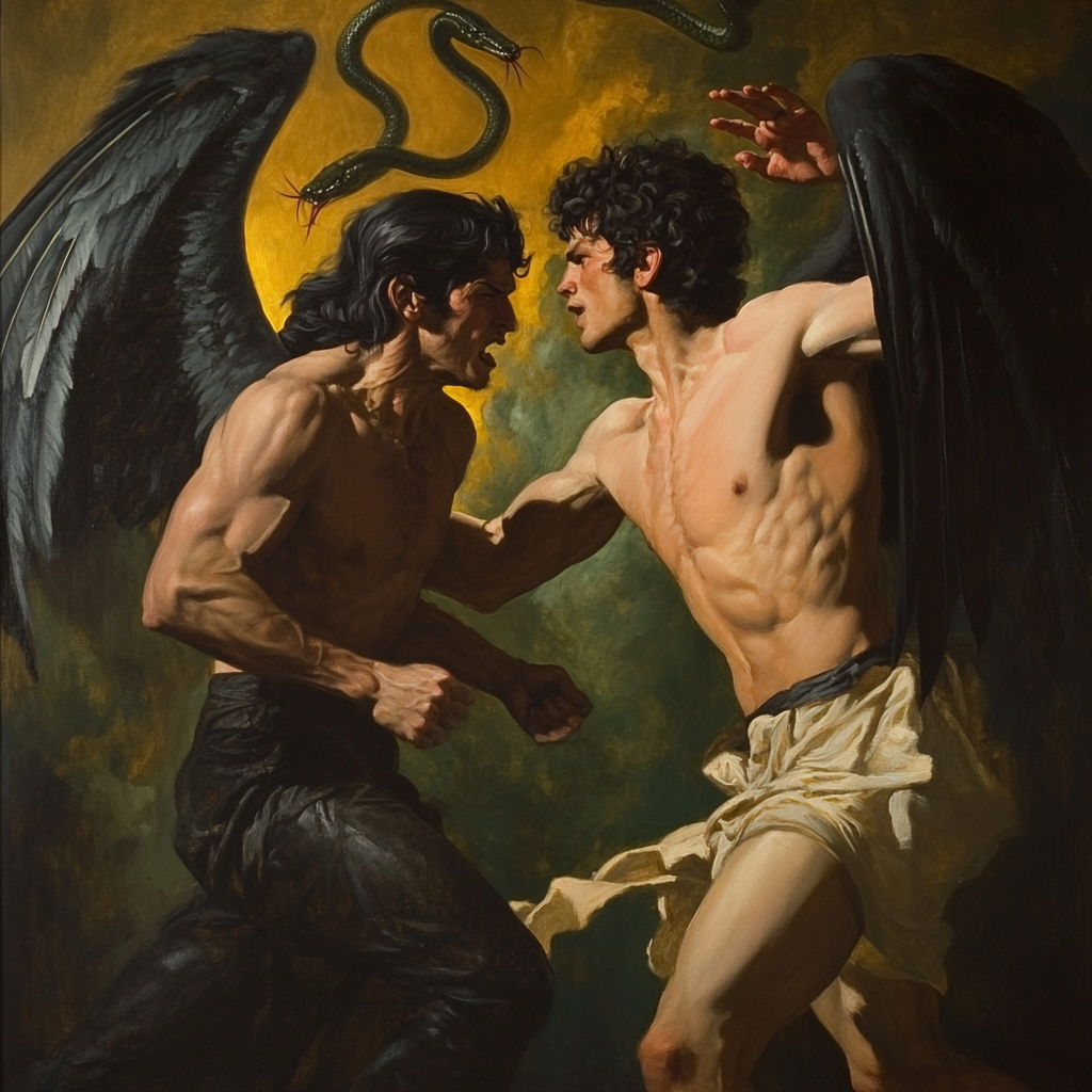 Battle between devil and angel with esoteric symbols background.