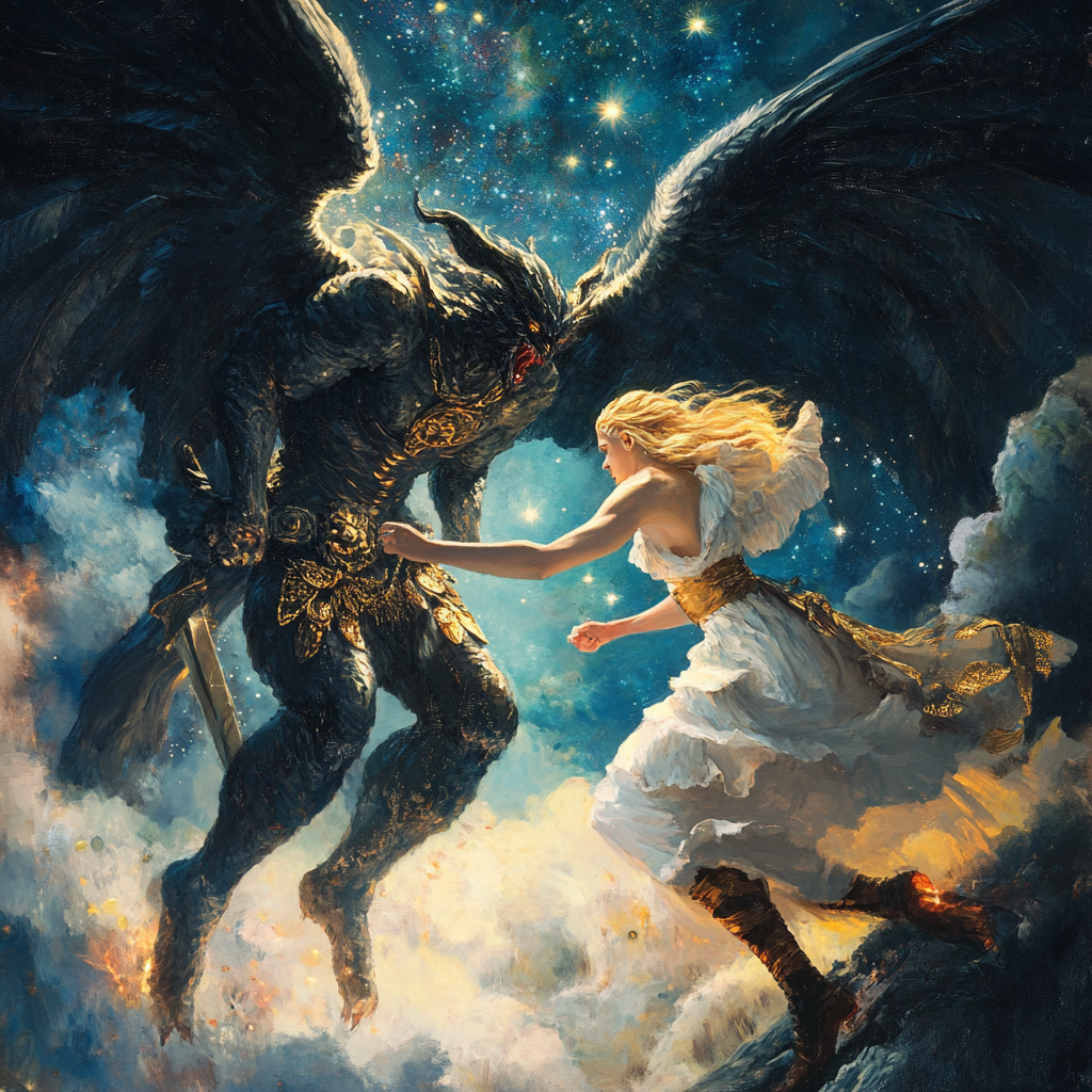 Battle between winged demon and archangel in painting.