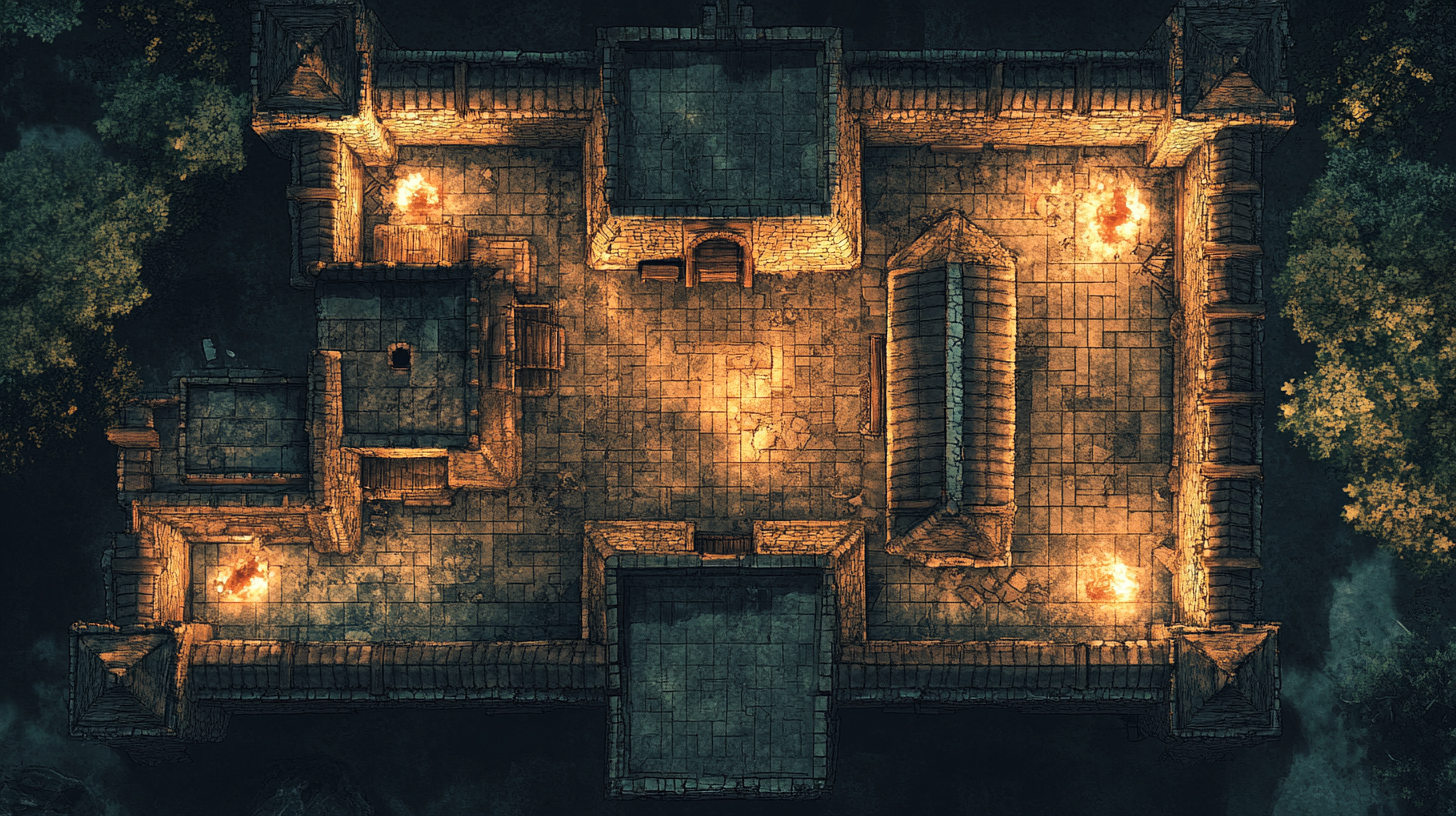 Battle map displaying castle rooftops at night with torches.