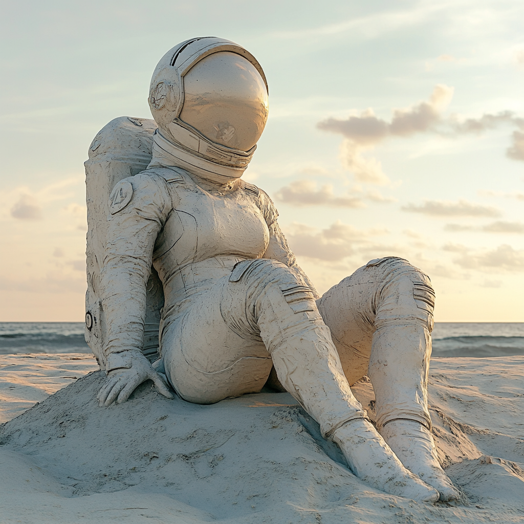 Beach Sand Astronaut Woman: Kilmt-Inspired Sculpture at Dawn