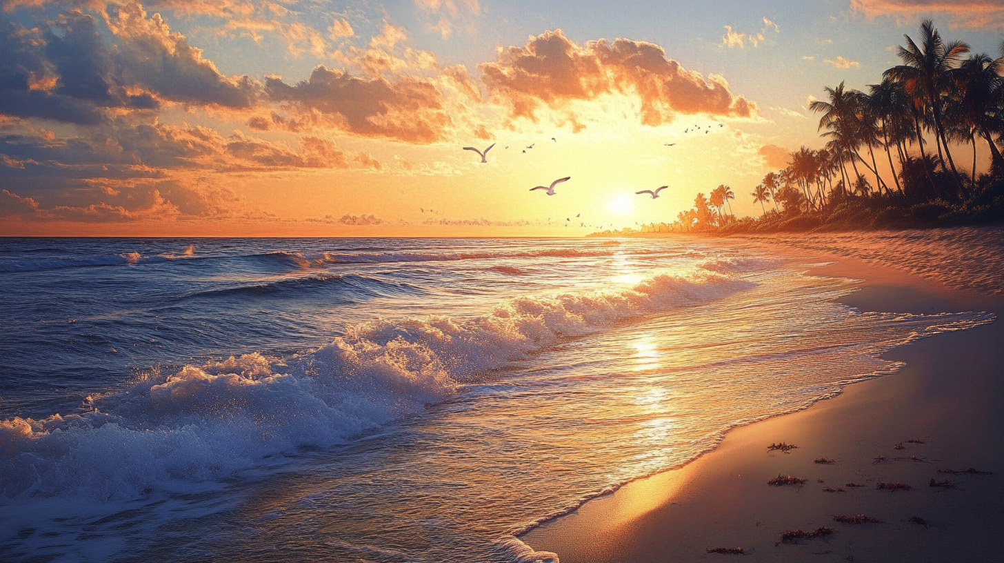 Beach at sunset with golden sand and seagulls.