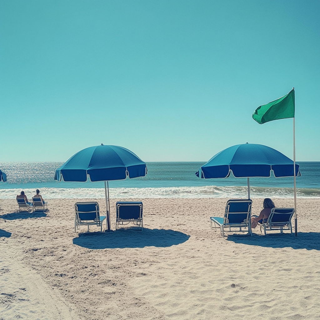 Beach in Long Island, NY with blue umbrellas, chairs.