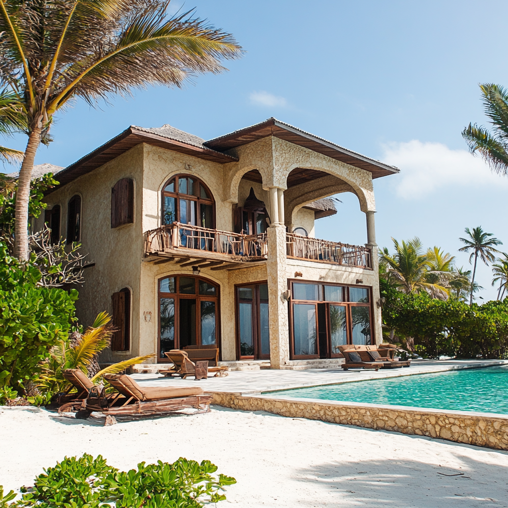 Beachfront villa in Zanzibar, Balinese and Mediterranean style.