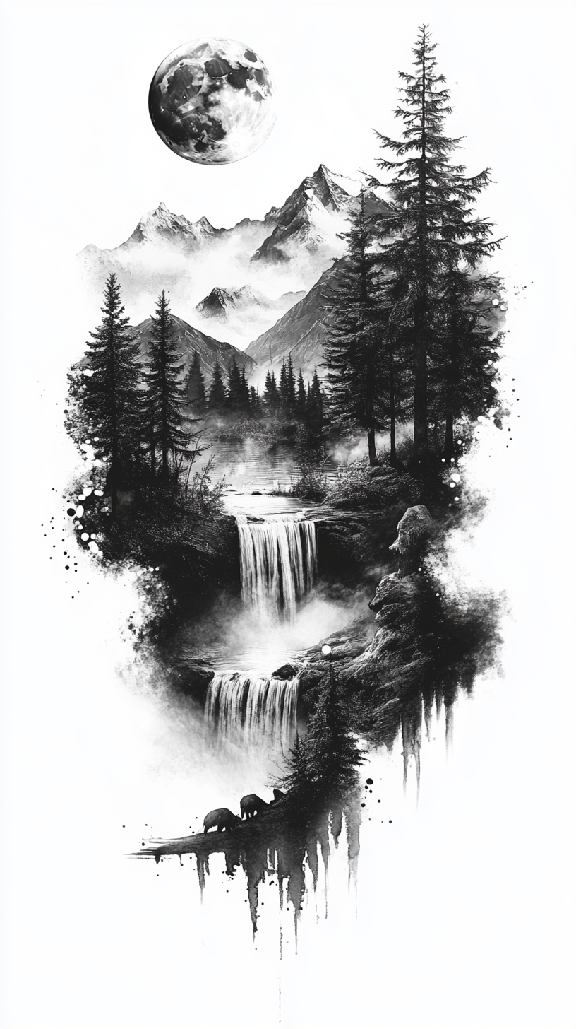 Tattoo Design of a Bear by waterfall among trees and mountains