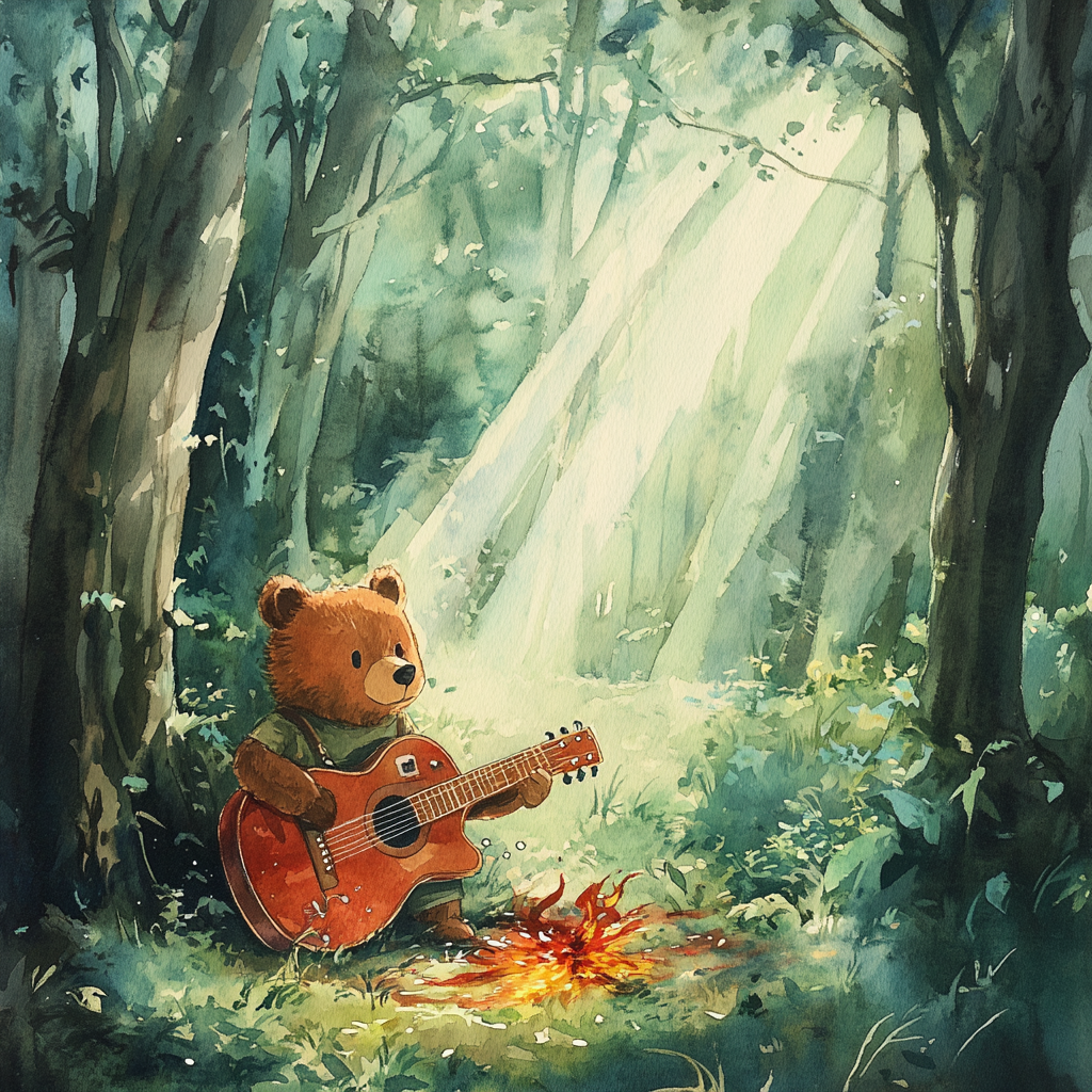 Bear finds guitar in enchanted forest painting