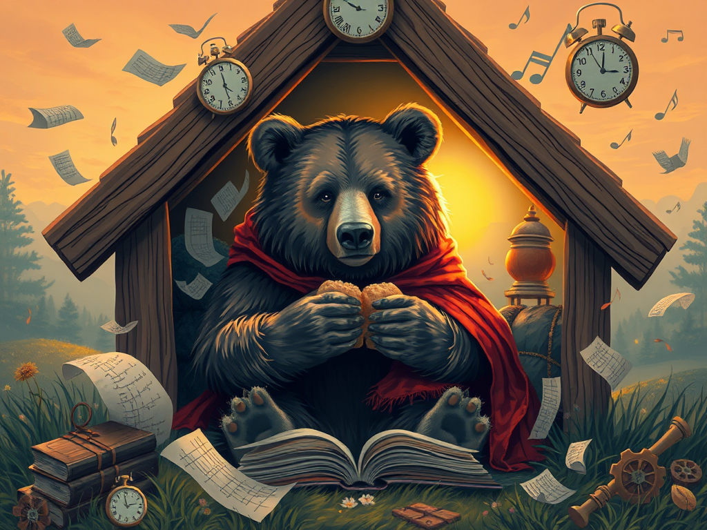 Bear in red cape eats sandwich in cozy doghouse.