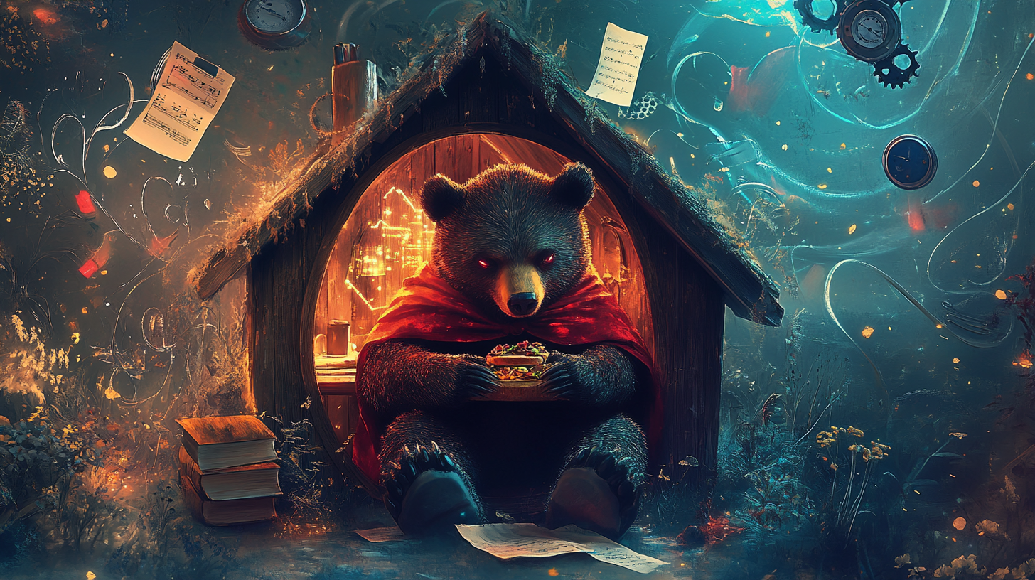 Bear in red cape sits in doghouse with sandwich.