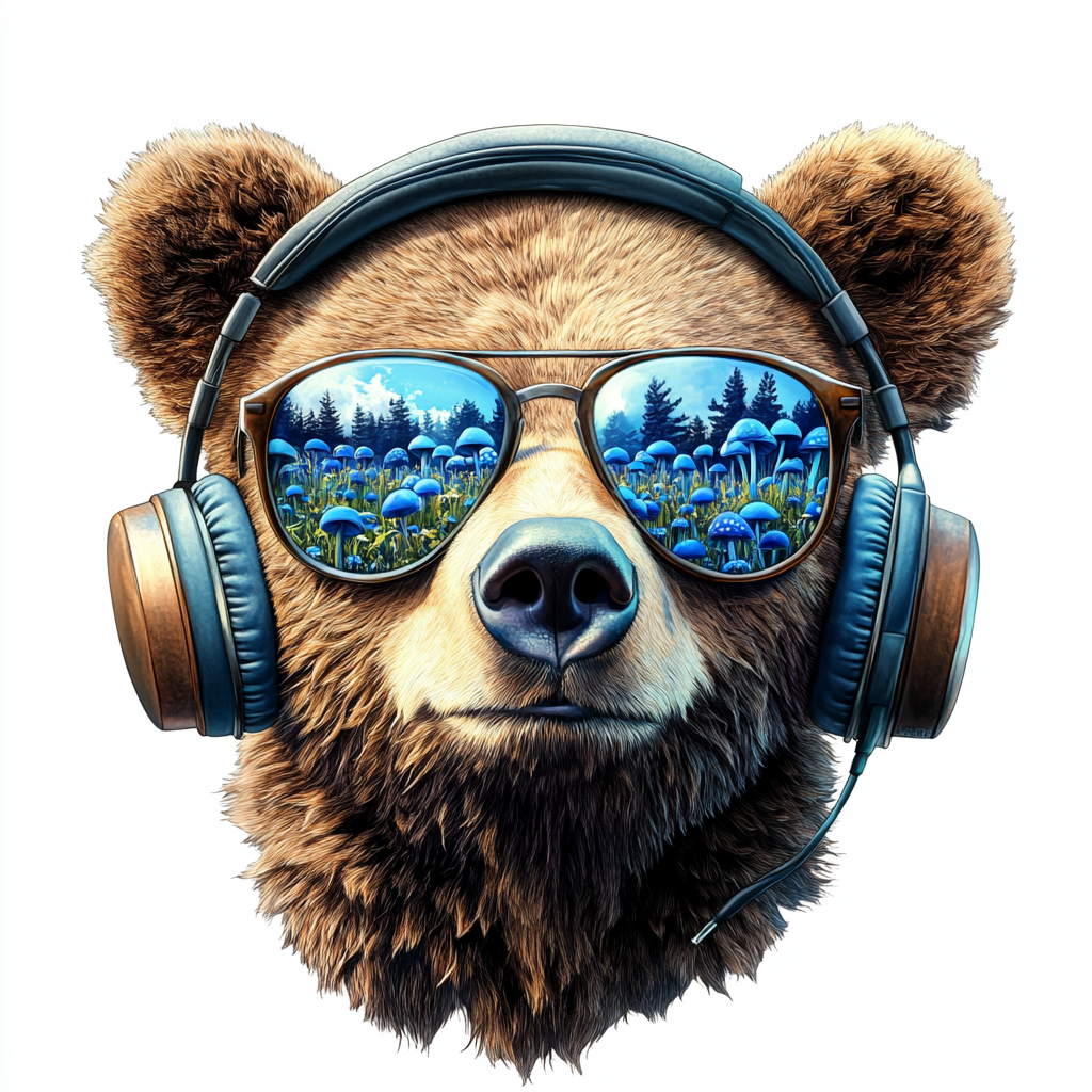 Bear wears rayban sunglasses with reflection of blue mushrooms.