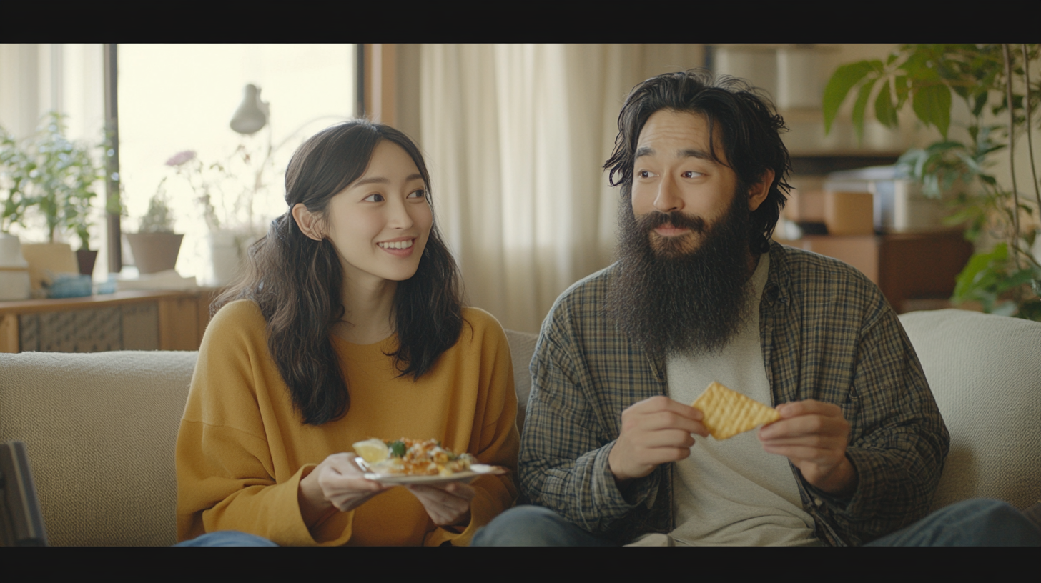 Bearded couple enjoying snacks in cinematic 4K