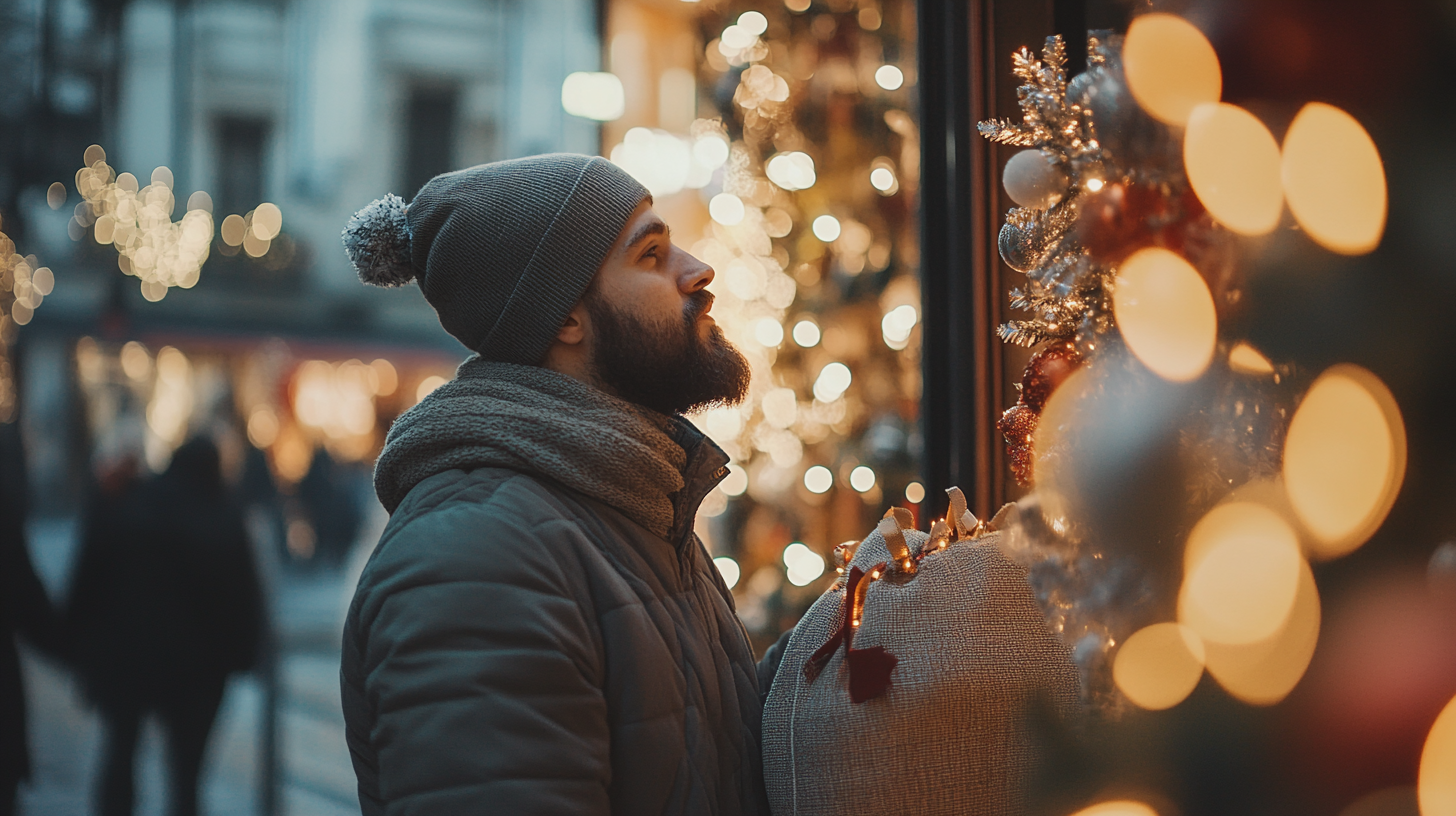 Bearded man looks at Santa's sack outside shop, cinematic.