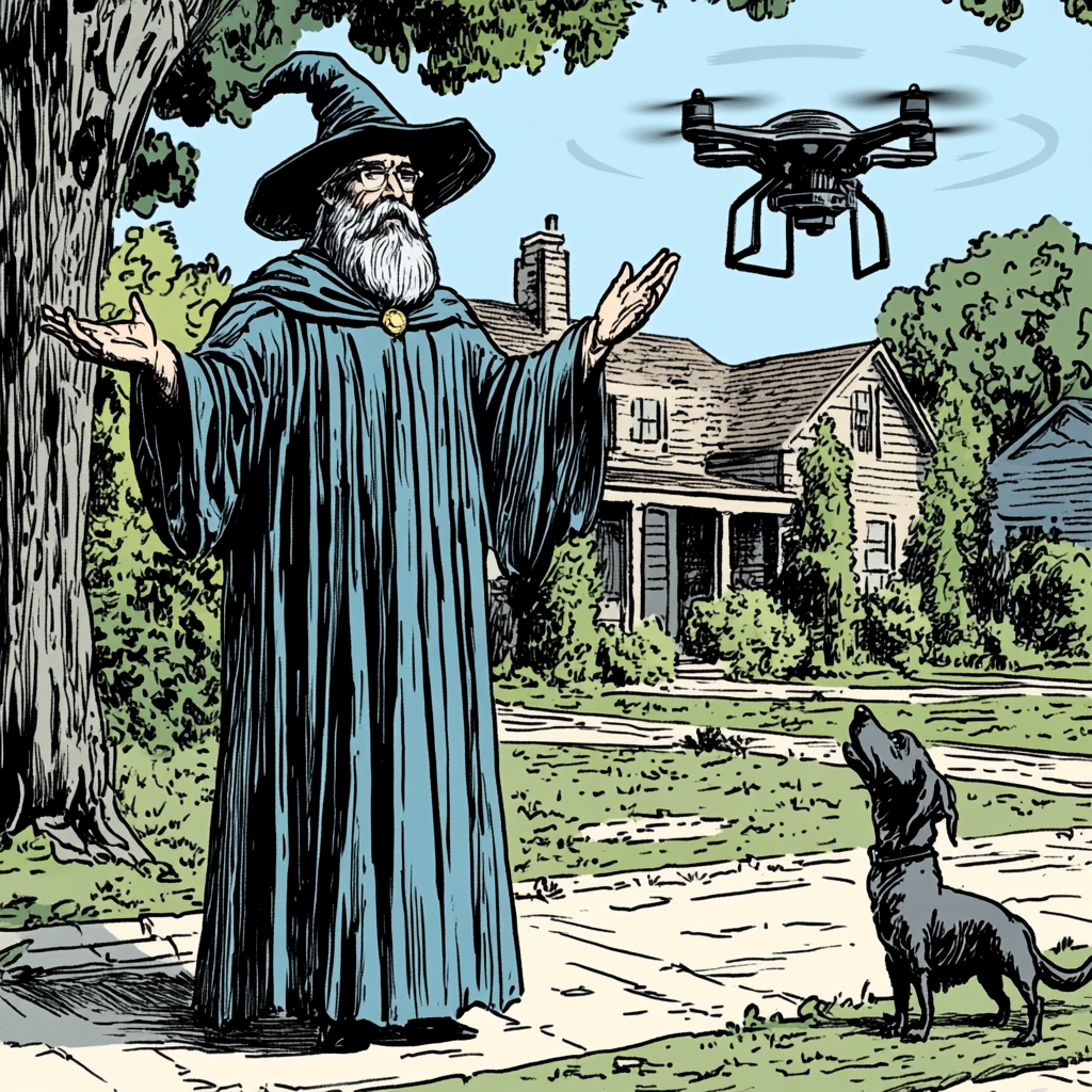 Bearded wizard triumphs as drones mow lawn.