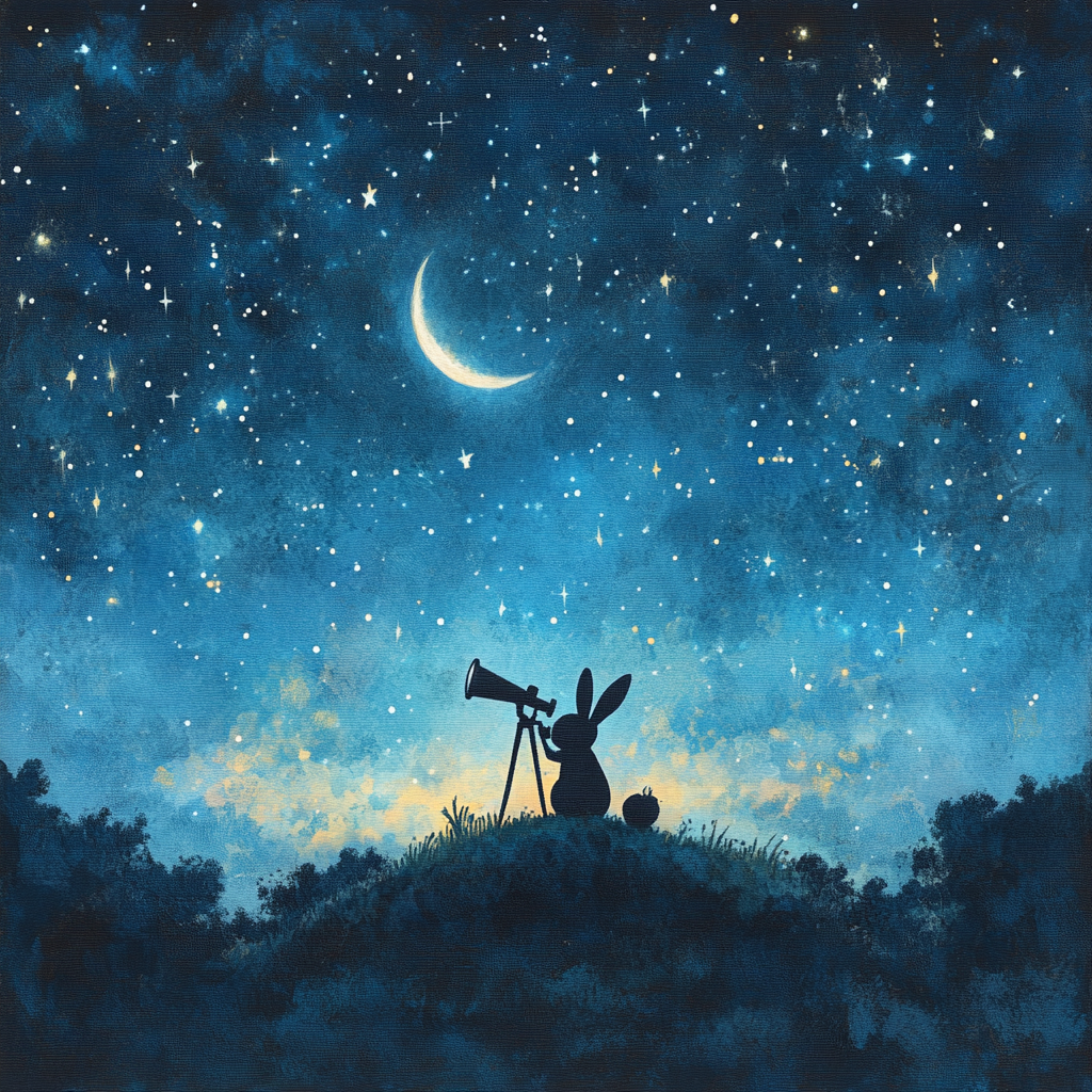 Beatrix Potter-inspired bunny gazes at stars with telescope.