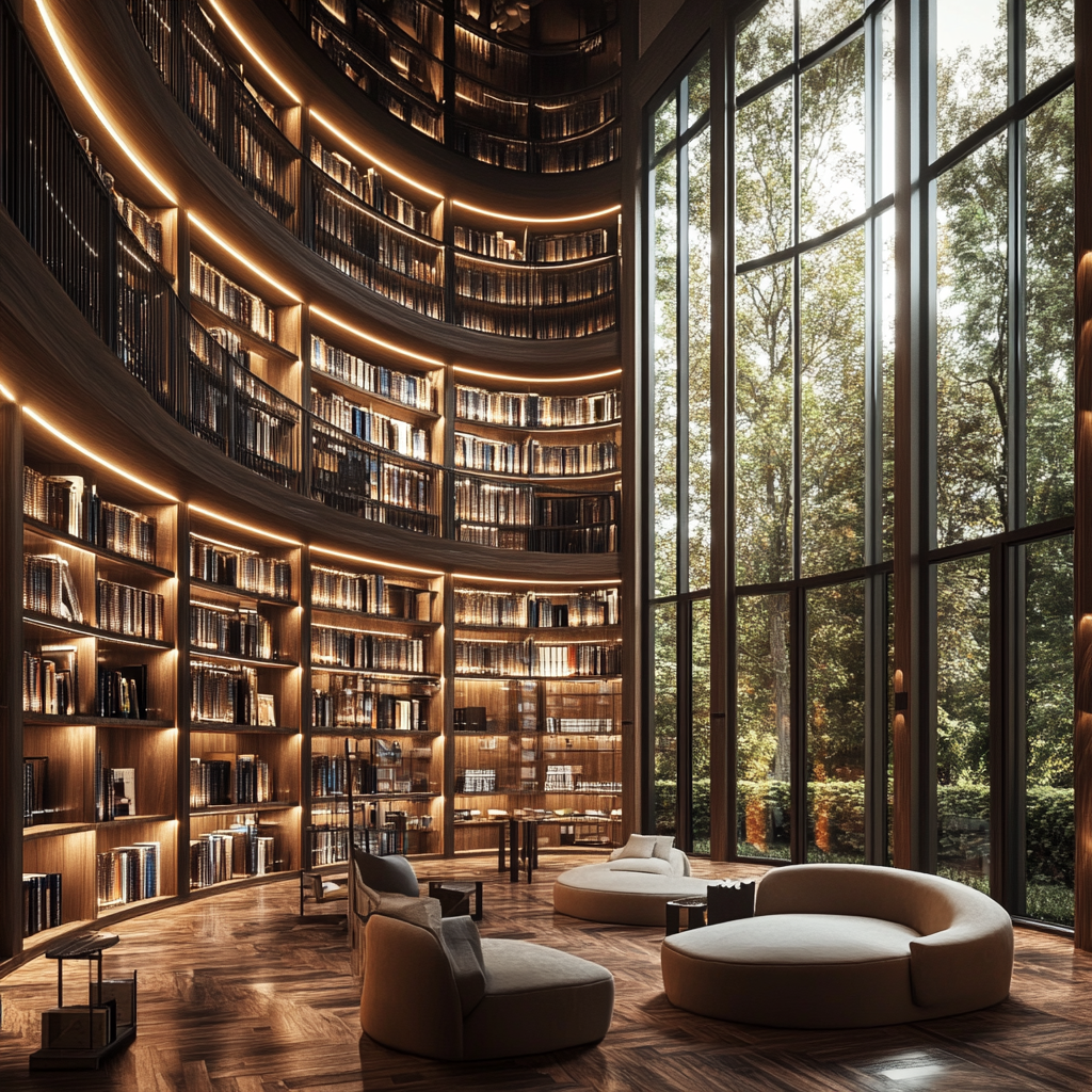 Beautiful, modern library with English books and cozy spaces.