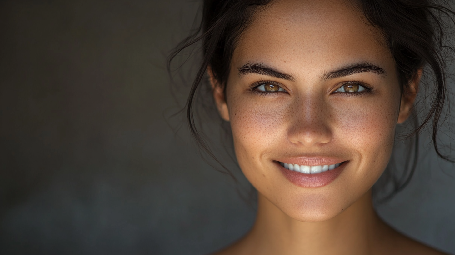 Beautiful, smiling girl not wearing makeup in shot.