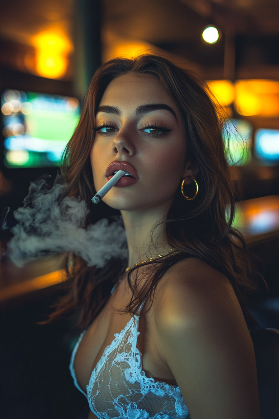 Beautiful 27-Year-Old Woman in Sports Bar 8K Portrait