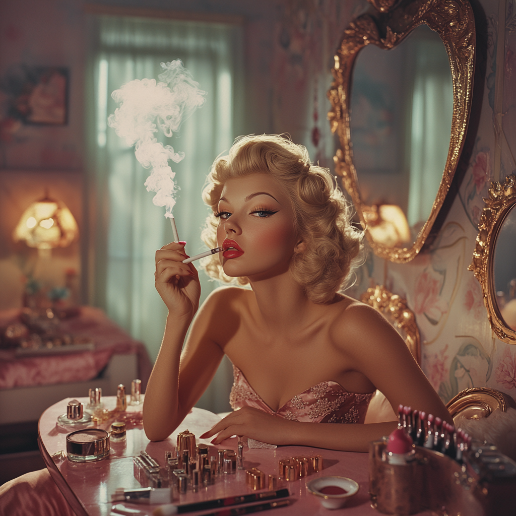 Beautiful 28-Year-Old Woman Smoking At Makeup Table 