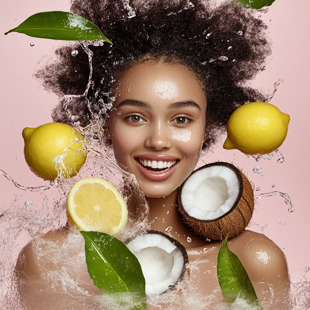 Beautiful African model washing with water and fruit