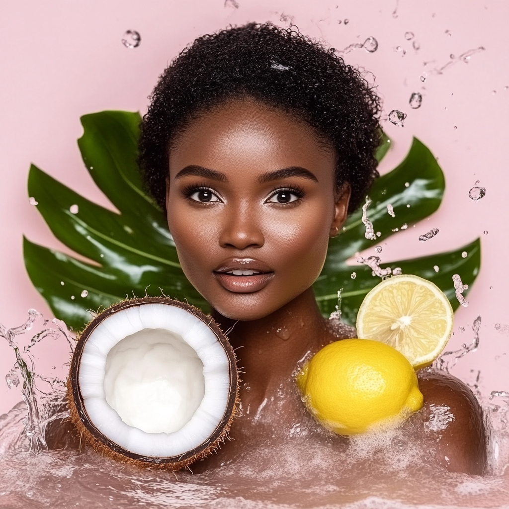 Beautiful African woman with coconut and lemon props